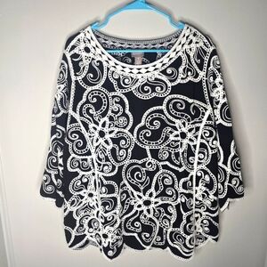 Chico's Black And White Floral Embroidered Artistic Boho 3/4 Length Sleeve Sz XL